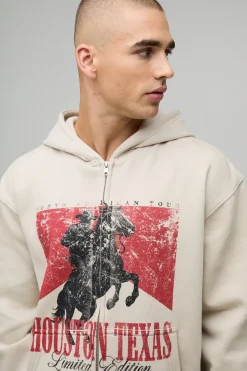 boohooMAN Hoodie à capuche zippé surdimensionné et à coupe carrée avec imprimé Houston Texas Stone<Homme Sweats À Capuche Et Sweatshirts|Sweats À Capuche Et Sweats