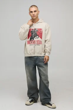 boohooMAN Hoodie à capuche zippé surdimensionné et à coupe carrée avec imprimé Houston Texas Stone<Homme Sweats À Capuche Et Sweatshirts|Sweats À Capuche Et Sweats