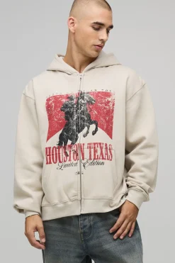 boohooMAN Hoodie à capuche zippé surdimensionné et à coupe carrée avec imprimé Houston Texas Stone<Homme Sweats À Capuche Et Sweatshirts|Sweats À Capuche Et Sweats
