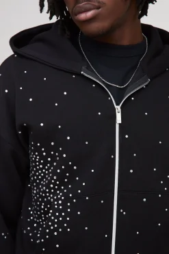 Hoodie à capuche zippé, version longue et ajustée aux strass