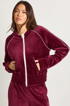 Hoodie court à zip intégral avec passepoil contrastant en velours