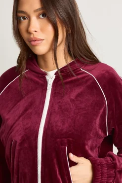 Hoodie court à zip intégral avec passepoil contrastant en velours