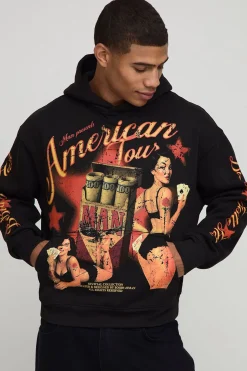 Hoodie graphique noir oversize boxy American Tour
