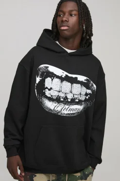 Hoodie graphique noir surdimensionné à strass et impression foil "Mouth"