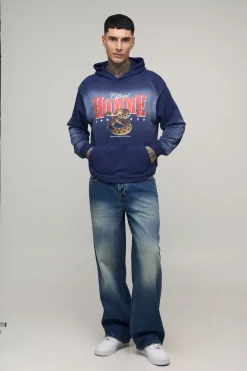Hoodie Homme long, surdimensionné, au style boxy et western, traitement spray-wash et effet distressed