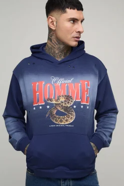 Hoodie Homme long, surdimensionné, au style boxy et western, traitement spray-wash et effet distressed