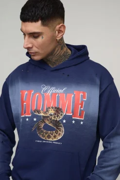 Hoodie Homme long, surdimensionné, au style boxy et western, traitement spray-wash et effet distressed