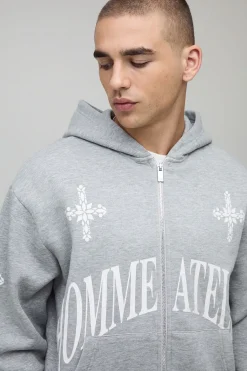 Hoodie homme oversize à coupe carrée avec fermeture éclair et imprimé cross
