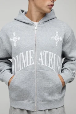 Hoodie homme oversize à coupe carrée avec fermeture éclair et imprimé cross