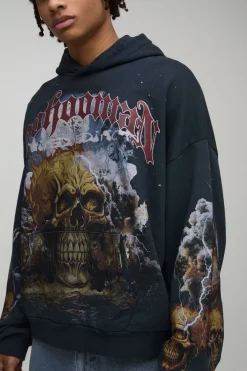 Hoodie imprimé noir oversize premium BHM Skull Washed