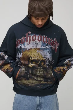 Hoodie imprimé noir oversize premium BHM Skull Washed
