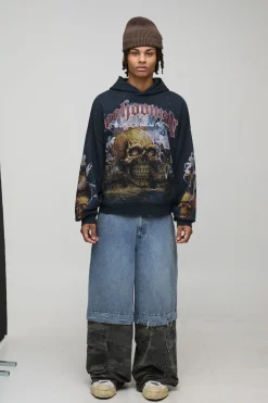 Hoodie imprimé noir oversize premium BHM Skull Washed