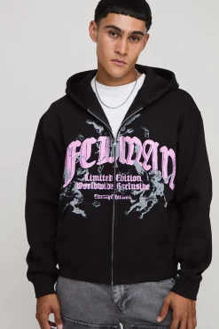 boohooMAN Hoodie imprimé pour homme, , oversize, coupe boxy et zip<Homme Sweats À Capuche Et Sweatshirts|Sweats À Capuche Grande Taille