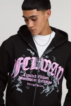 boohooMAN Hoodie imprimé pour homme, , oversize, coupe boxy et zip<Homme Sweats À Capuche Et Sweatshirts|Sweats À Capuche Grande Taille