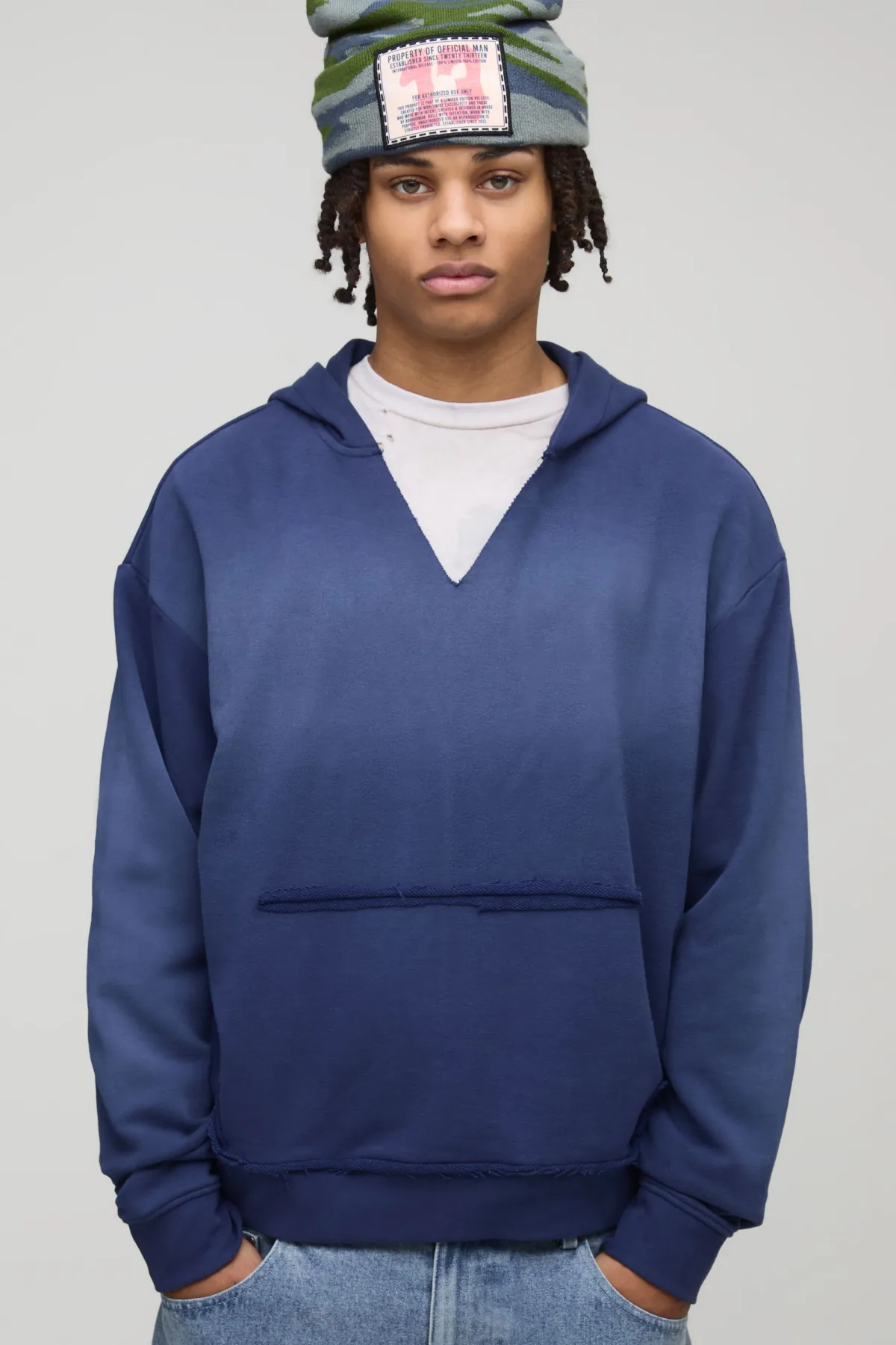 boohooMAN Hoodie marine surdimensionné pour homme, à coupe boxy, ton sur ton, style western et à impression loopback<Homme Sweats À Capuche Et Sweatshirts|Sweats À Capuche Et Sweats