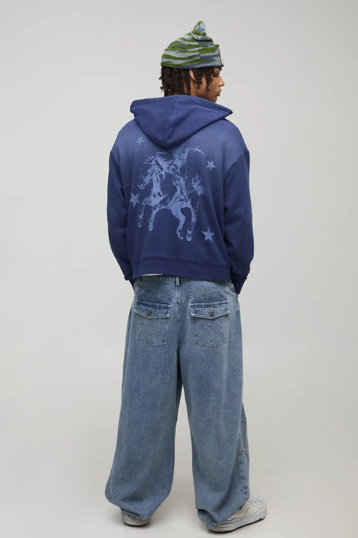 boohooMAN Hoodie marine surdimensionné pour homme, à coupe boxy, ton sur ton, style western et à impression loopback<Homme Sweats À Capuche Et Sweatshirts|Sweats À Capuche Et Sweats