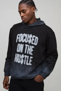 Hoodie noir oversize Hustle, à coutures lavées et imprimé