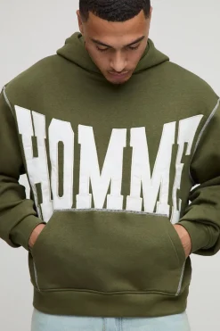 boohooMAN Hoodie oversize boxy en sergé avec appliqué et surpiqûres contrastantes<Homme Sweats À Capuche Et Sweatshirts|Sweats À Capuche Et Sweats