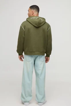boohooMAN Hoodie oversize boxy en sergé avec appliqué et surpiqûres contrastantes<Homme Sweats À Capuche Et Sweatshirts|Sweats À Capuche Et Sweats