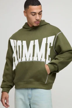 boohooMAN Hoodie oversize boxy en sergé avec appliqué et surpiqûres contrastantes<Homme Sweats À Capuche Et Sweatshirts|Sweats À Capuche Et Sweats