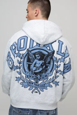 Hoodie oversize gris cendré à coupe boxy, impression Brooklyn Over The Seams