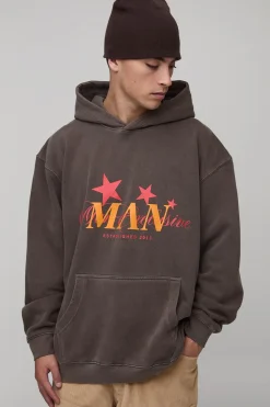 boohooMAN Hoodie oversize pour homme imprimé « Star » en lavé<Homme Sweats À Capuche Et Sweatshirts|Sweats À Capuche Et Sweats