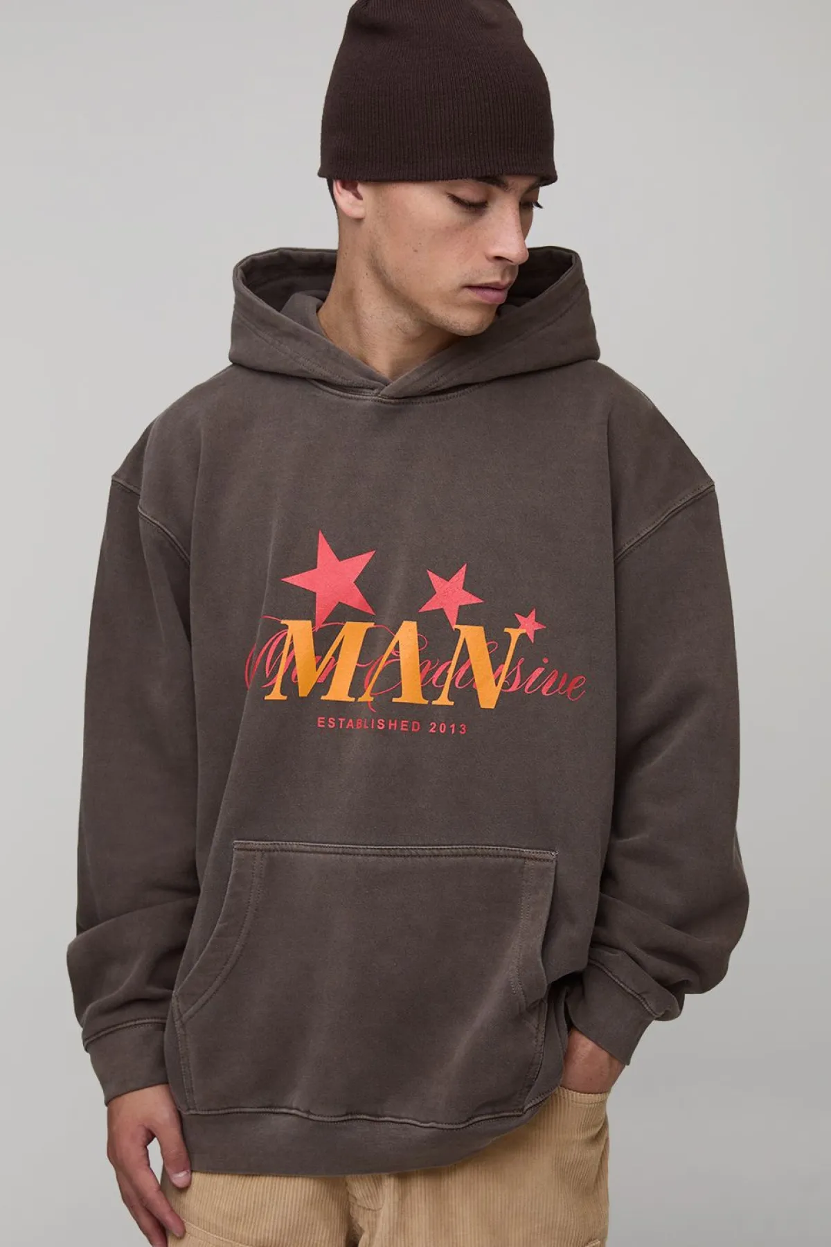 boohooMAN Hoodie oversize pour homme imprimé « Star » en lavé<Homme Sweats À Capuche Et Sweatshirts|Sweats À Capuche Et Sweats