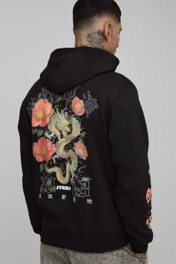 boohooMAN Hoodie pour homme grande taille, coupe régulière, à imprimé script de dragon et de fleurs<Homme Tout Afficher|Sweats À Capuche Tall