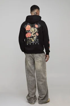boohooMAN Hoodie pour homme grande taille, coupe régulière, à imprimé script de dragon et de fleurs<Homme Tout Afficher|Sweats À Capuche Tall