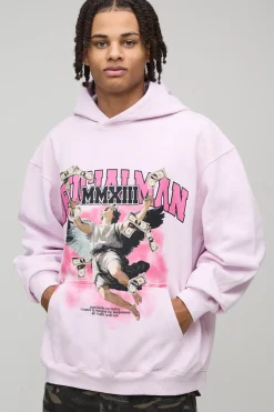 Hoodie pour homme à imprimé graphique Ofcl, rose délavé, oversize, avec impression puff