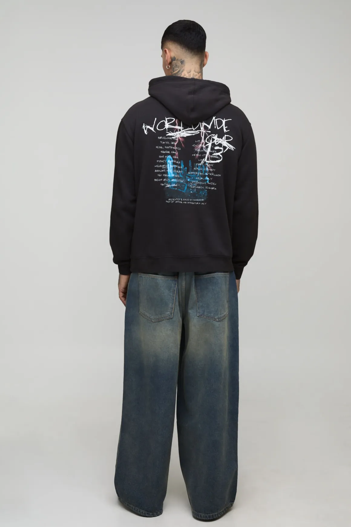 Hoodie pour homme Tall Oversized Gothic OFCL TOUR à impression vintage lavée