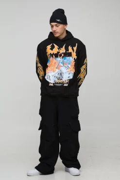 Hoodie surdimensionné noir à motif flammes et dés