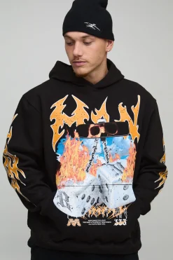 Hoodie surdimensionné noir à motif flammes et dés