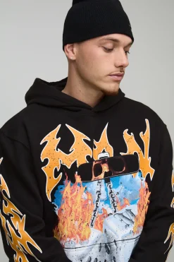 Hoodie surdimensionné noir à motif flammes et dés
