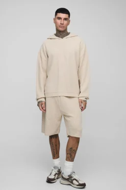 Hoodie surdimensionné tricoté motif gaufre pour personnes grandes & ensemble court