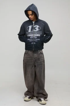 boohooMAN Hoodie à zip intégral noir oversize premium pour homme 13, finition délavée<Homme Sweats À Capuche Et Sweatshirts|Sweats À Capuche Et Sweats