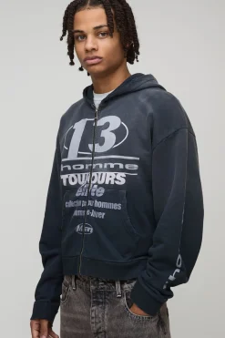 boohooMAN Hoodie à zip intégral noir oversize premium pour homme 13, finition délavée<Homme Sweats À Capuche Et Sweatshirts|Sweats À Capuche Et Sweats