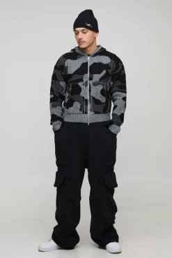 boohooMAN Hoodie zippé en maille jacquard camouflage côtelé, coupe boxy<Homme Tout Afficher|Maille