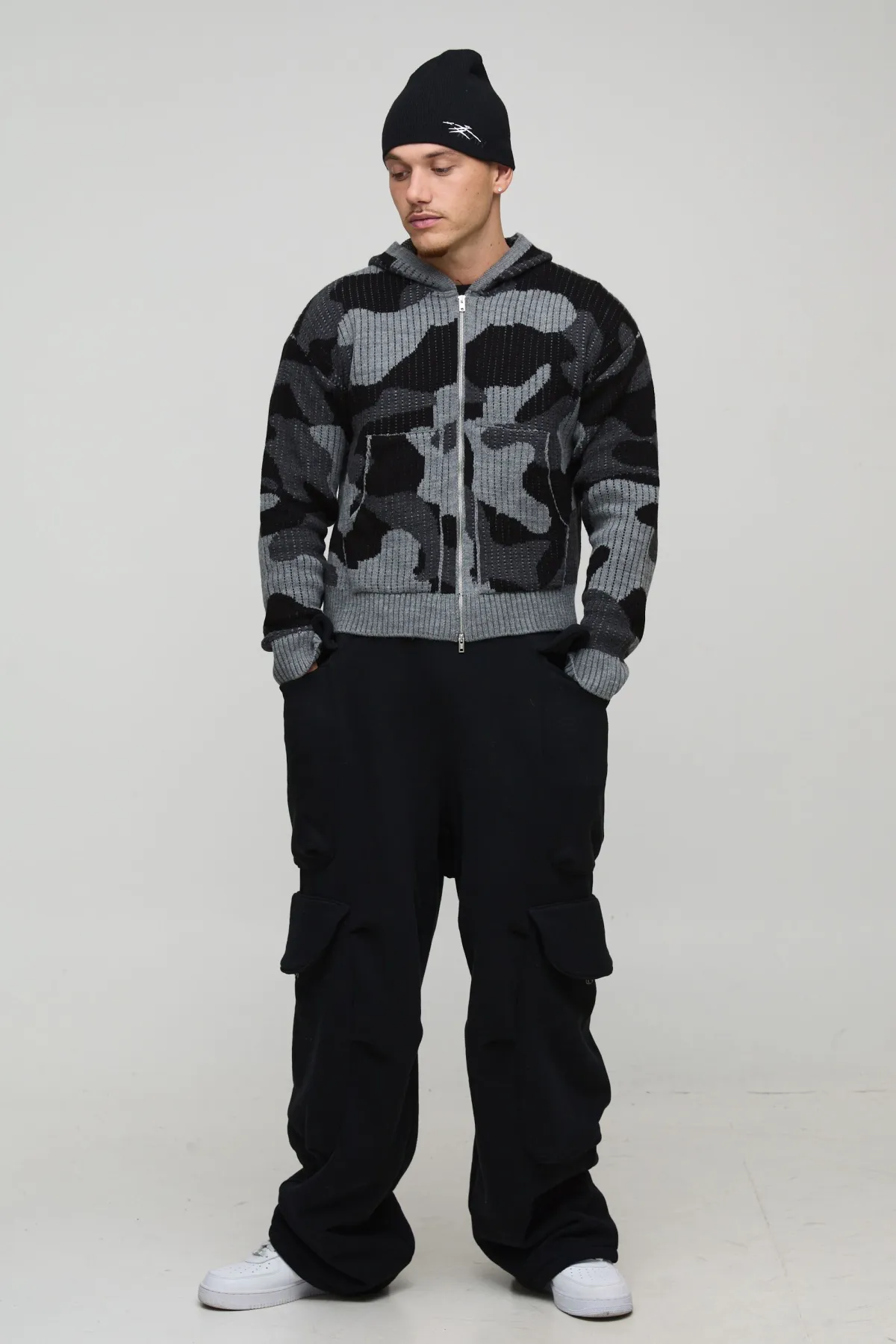 boohooMAN Hoodie zippé en maille jacquard camouflage côtelé, coupe boxy<Homme Tout Afficher|Maille