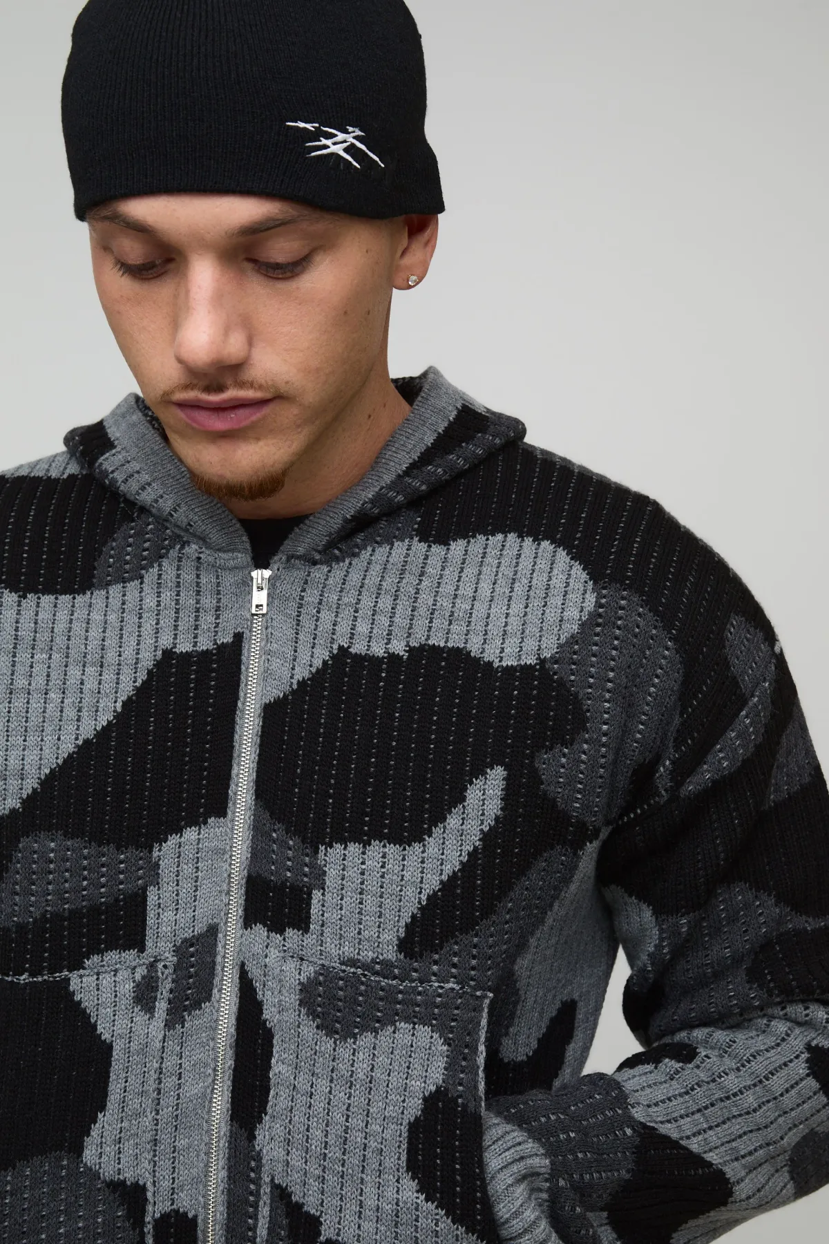 boohooMAN Hoodie zippé en maille jacquard camouflage côtelé, coupe boxy<Homme Tout Afficher|Maille