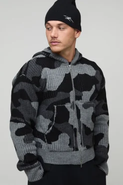 boohooMAN Hoodie zippé en maille jacquard camouflage côtelé, coupe boxy<Homme Tout Afficher|Maille