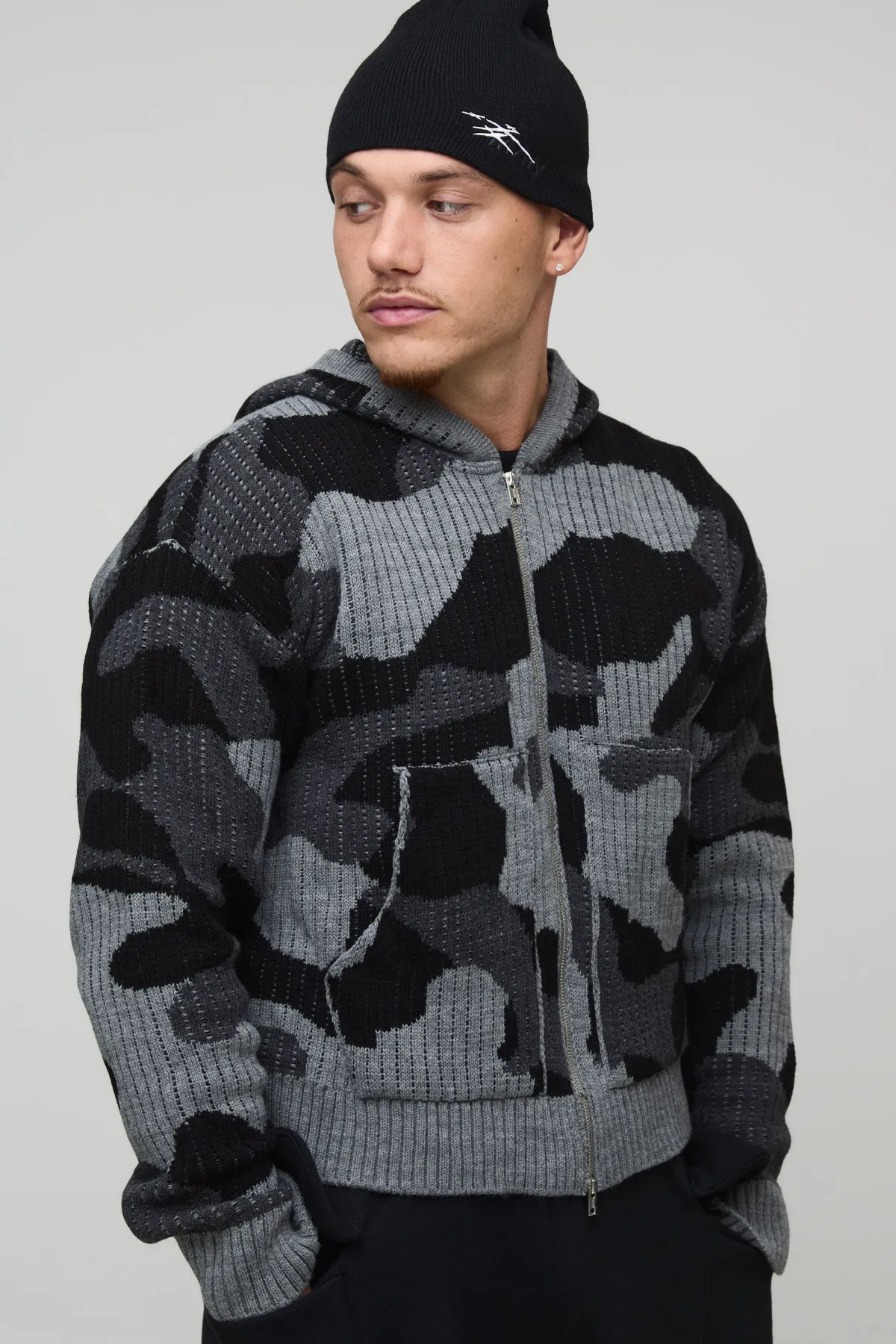 boohooMAN Hoodie zippé en maille jacquard camouflage côtelé, coupe boxy<Homme Tout Afficher|Maille
