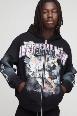 Hoodie zippé à imprimé pailleté et graphisme spray wash