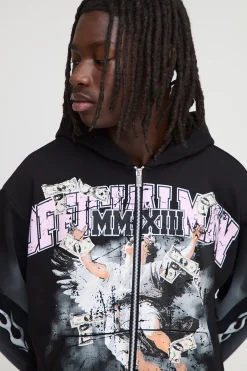 Hoodie zippé à imprimé pailleté et graphisme spray wash