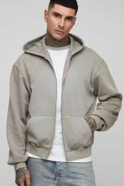 Hoodie zippé long, oversize, au style boxy et au traitement spray wash
