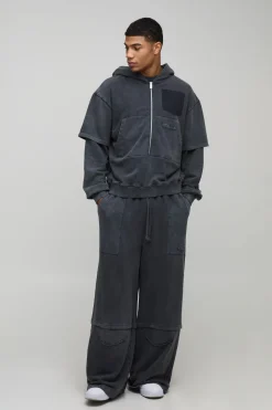 boohooMAN Hoodie zippé oversize à coupe boxy, délavé, en tissu loopback et à effet de superposition factice<Homme Sweats À Capuche Et Sweatshirts|Sweats À Capuche Et Sweats