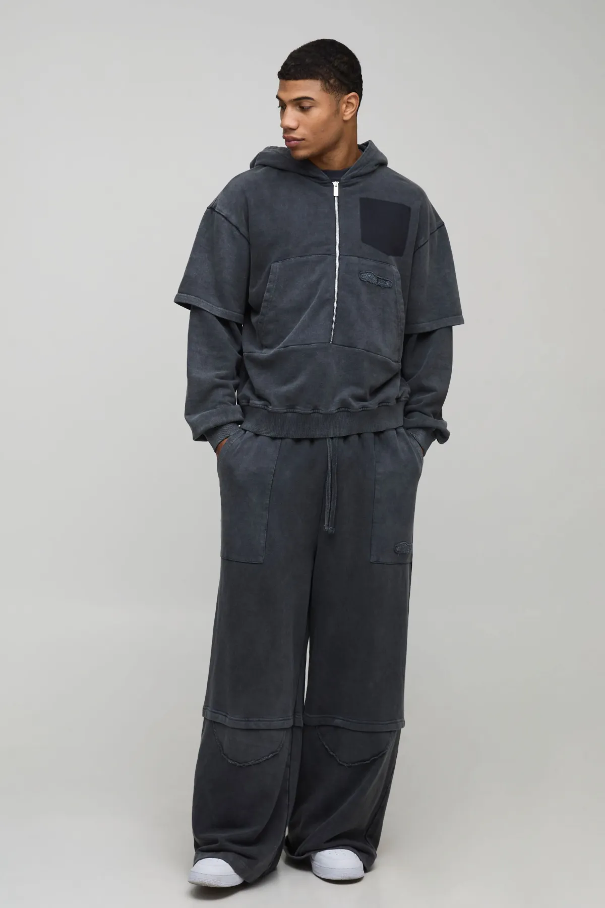 boohooMAN Hoodie zippé oversize à coupe boxy, délavé, en tissu loopback et à effet de superposition factice<Homme Sweats À Capuche Et Sweatshirts|Sweats À Capuche Et Sweats