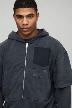 boohooMAN Hoodie zippé oversize à coupe boxy, délavé, en tissu loopback et à effet de superposition factice<Homme Sweats À Capuche Et Sweatshirts|Sweats À Capuche Et Sweats