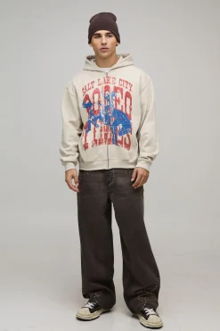 boohooMAN Hoodie zippé Stone Oversized Boxy imprimé Rodeo<Homme Sweats À Capuche Et Sweatshirts|Sweats À Capuche Et Sweats