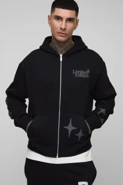 Hoodie zippé tall, surdimensionné, à coupe boxy et à imprimé puff mondial